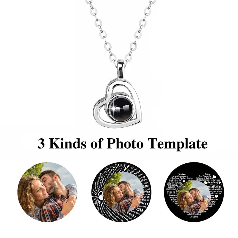 "Personalized Heart Photo Projection Necklace – 'I Love You' in 100 Languages, Custom Picture Inside Pendant" - TransGlobalStore Co