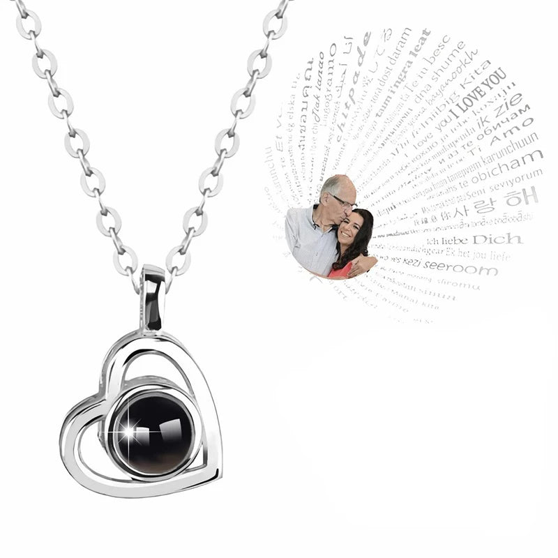 "Personalized Heart Photo Projection Necklace – 'I Love You' in 100 Languages, Custom Picture Inside Pendant" - TransGlobalStore Co